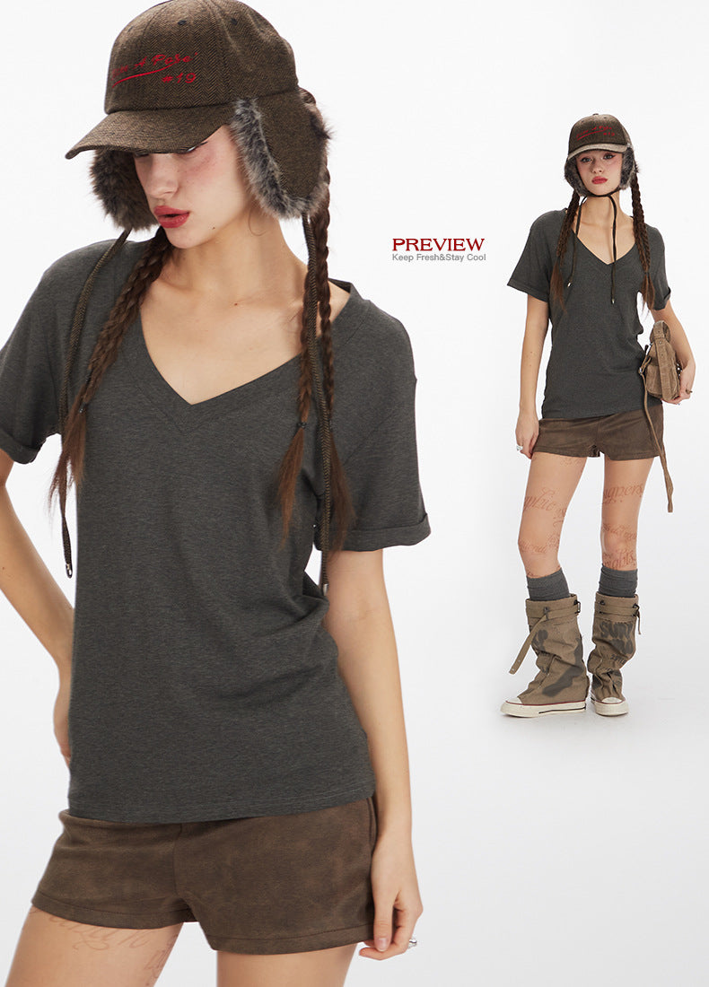 Simple Hot Girl Slimming Solid Color Top Slim Fit V Versatile Basic Short Sleeve Shirt T Women's T-shirt