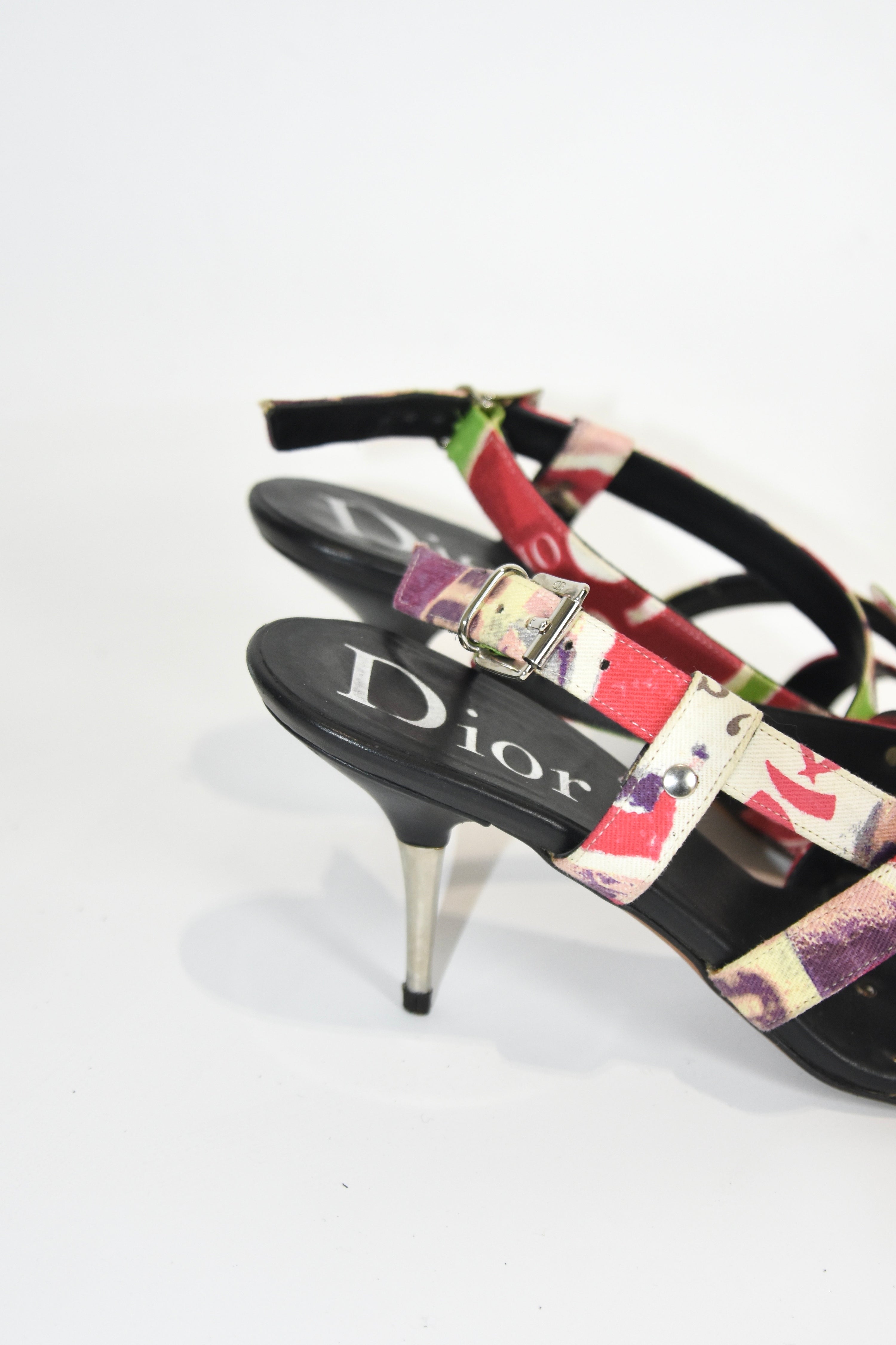 Christian Dior by John Galliano Punk Graffiti Print Strap Heels – Early 2000s Vintage Dior Sandals