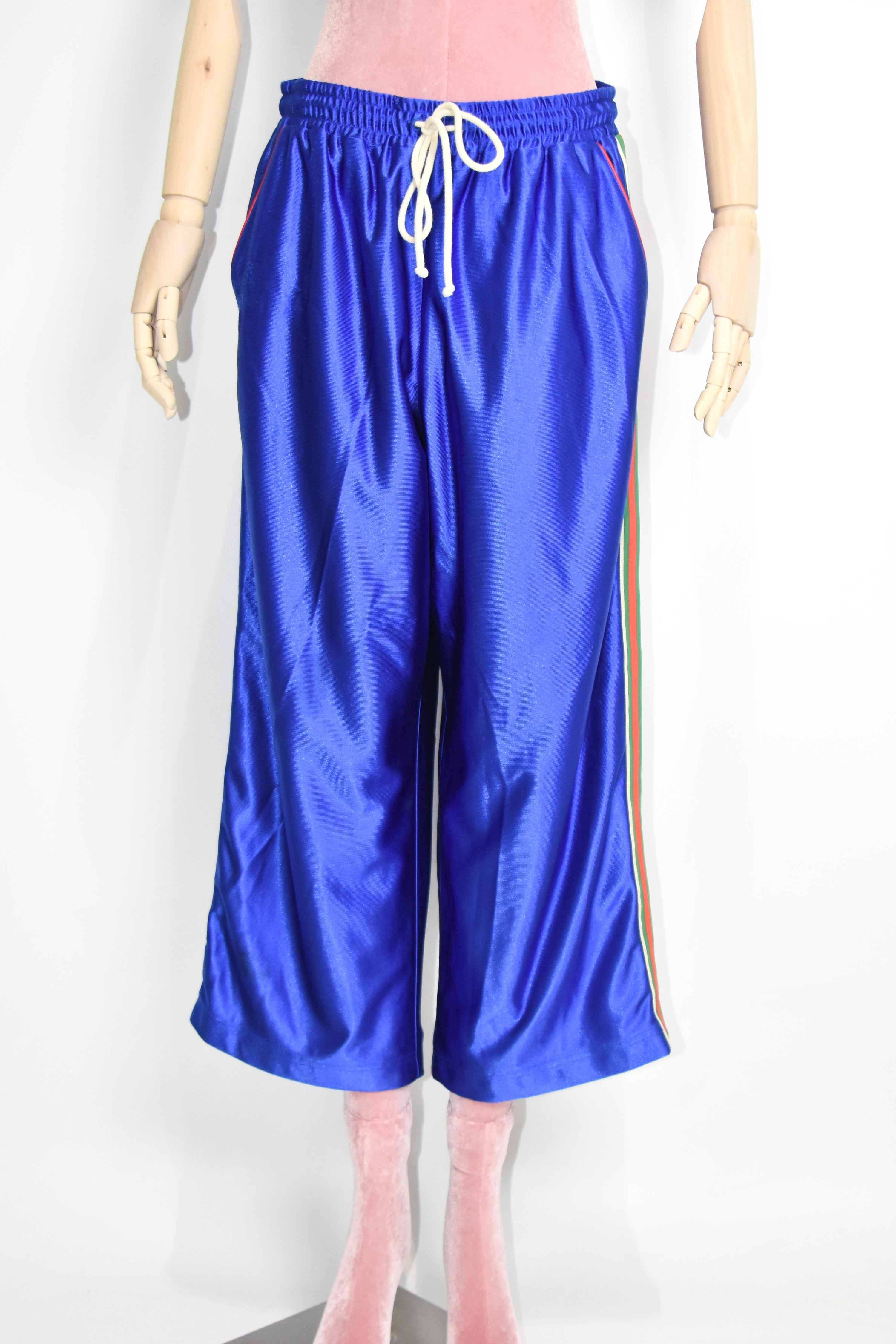 Gucci Blue Satin Track Pants with Web Stripe – Alessandro Michele Era Silk-Look Jogger Trousers