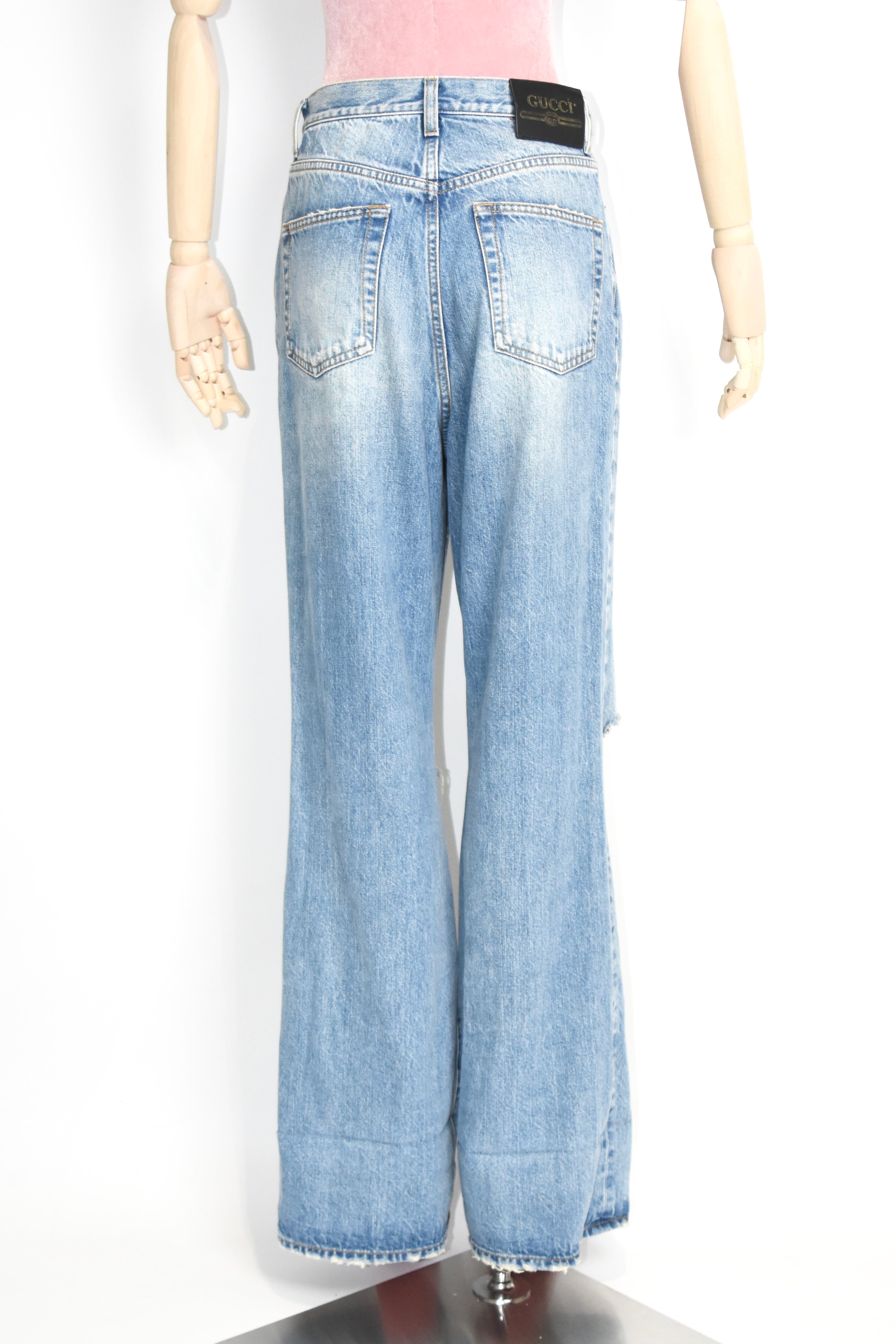 Gucci Distressed Flared Denim Jeans – Light Wash High Waist Destroyed Bootcut Pants