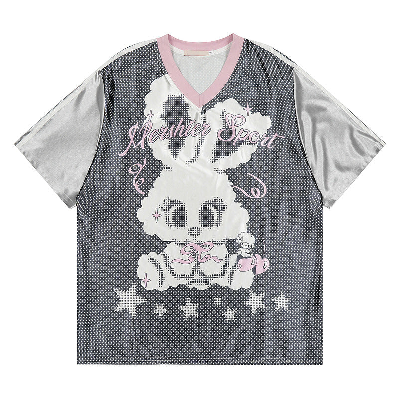Retro Rabbit Print Short Sleeve T Shirts Unisex loose casual street sports V Collared Jersey Base Shirt
