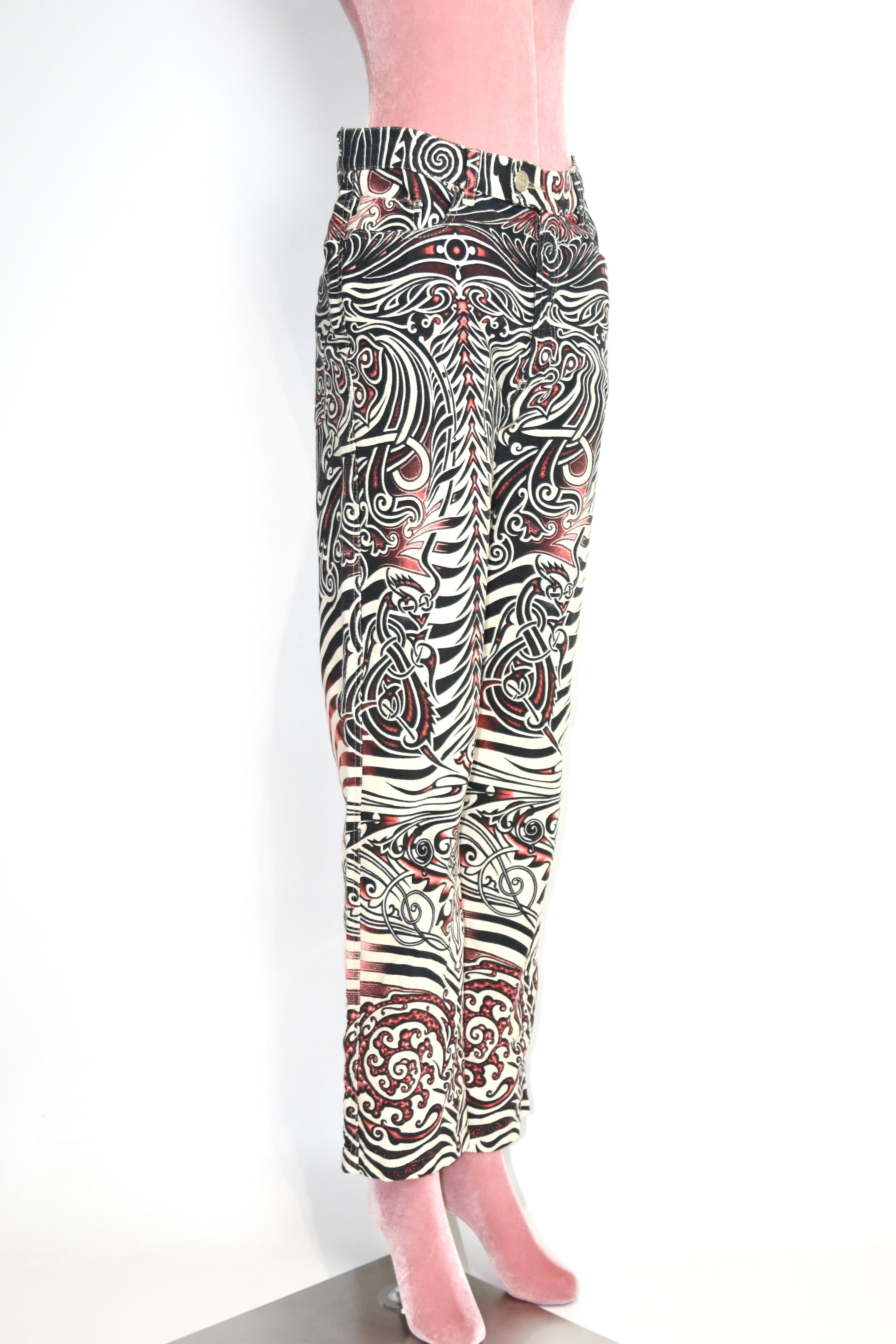 Jean Paul Gaultier Jeans Tribal Print Flared Trousers (Gothic Tattoo Swirl in Black–Red–Ivory)