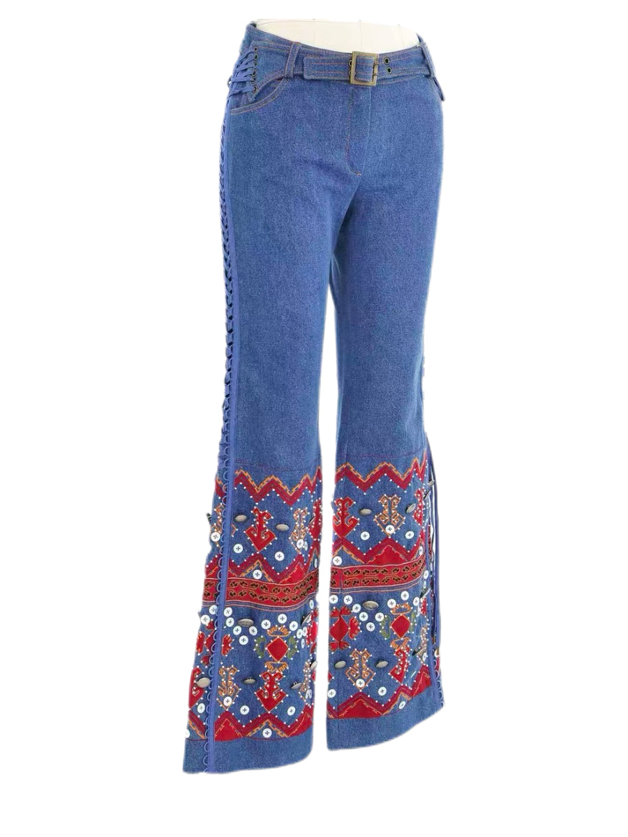 CHRISTIAN DIOR BY JOHN GALLIANO 2002 Runway Embroidered Denim Lace-Up Trousers with Mother-of-Pearl & Metal Waist Plaque