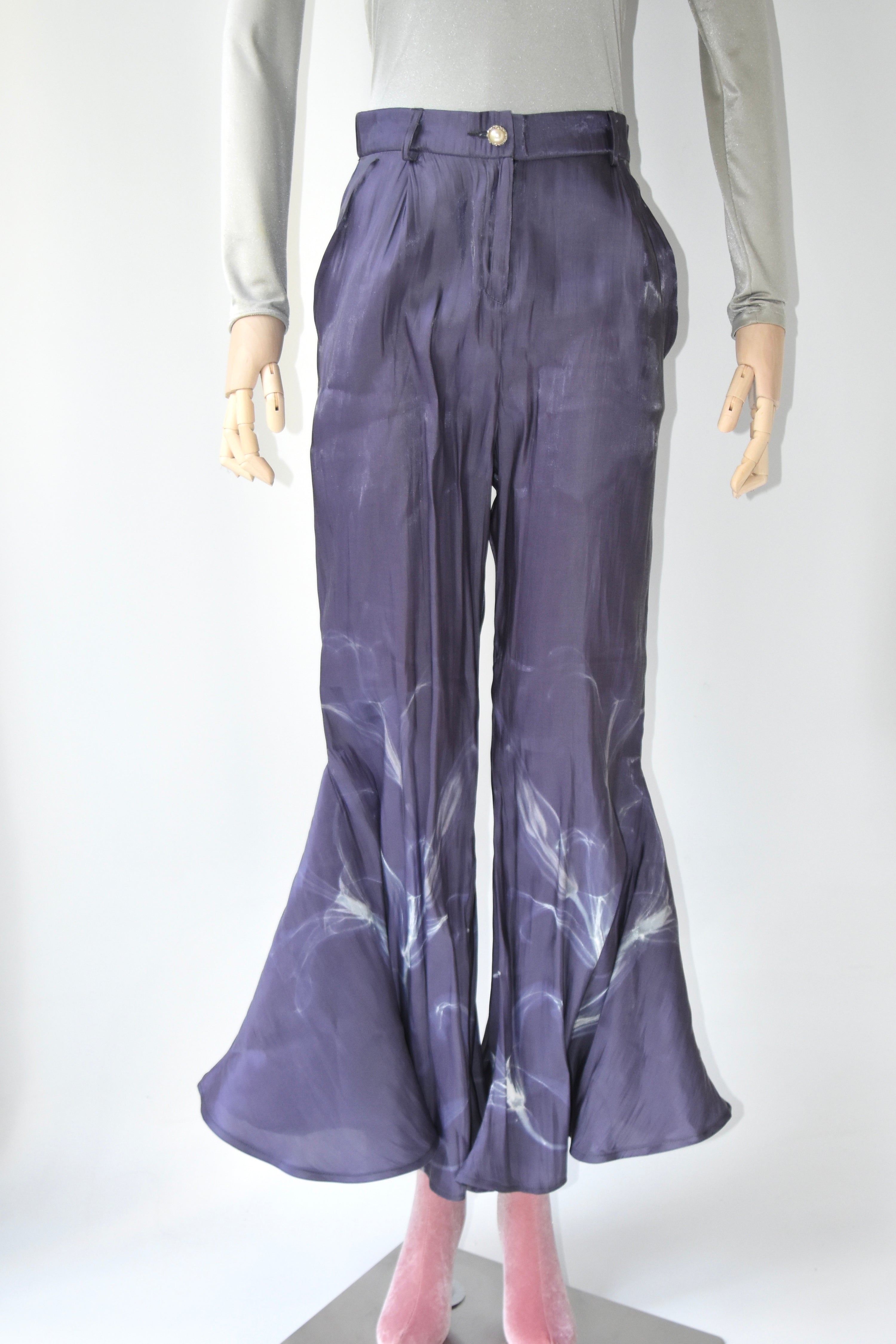 1200AM Purple Silk Lightning Print Flared Wide-Leg Trousers – Elastic Waist Statement Piece