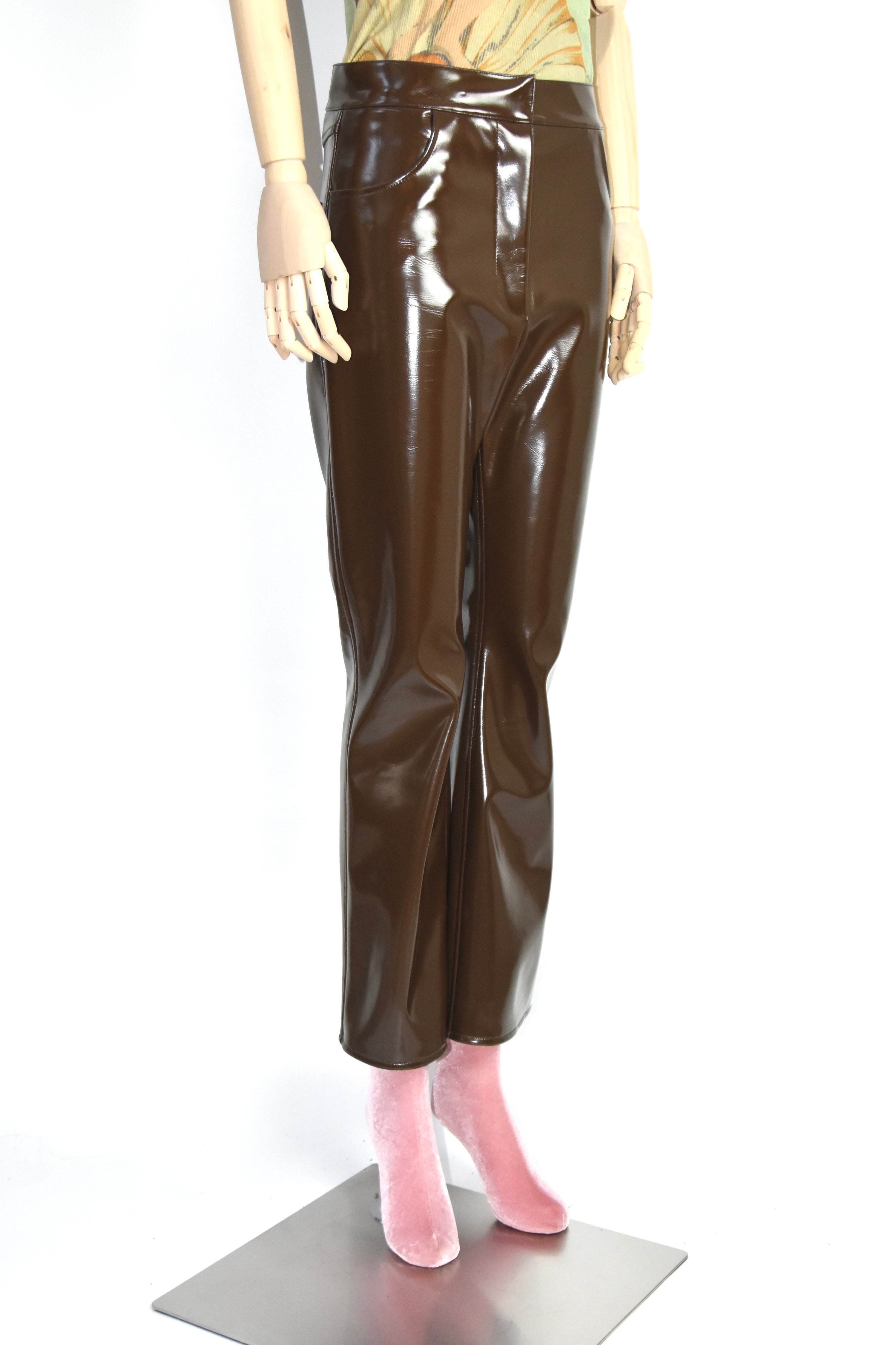 Christopher Kane Brown High-Gloss Vinyl Trousers – Runway-Inspired Sculptural Silhouette