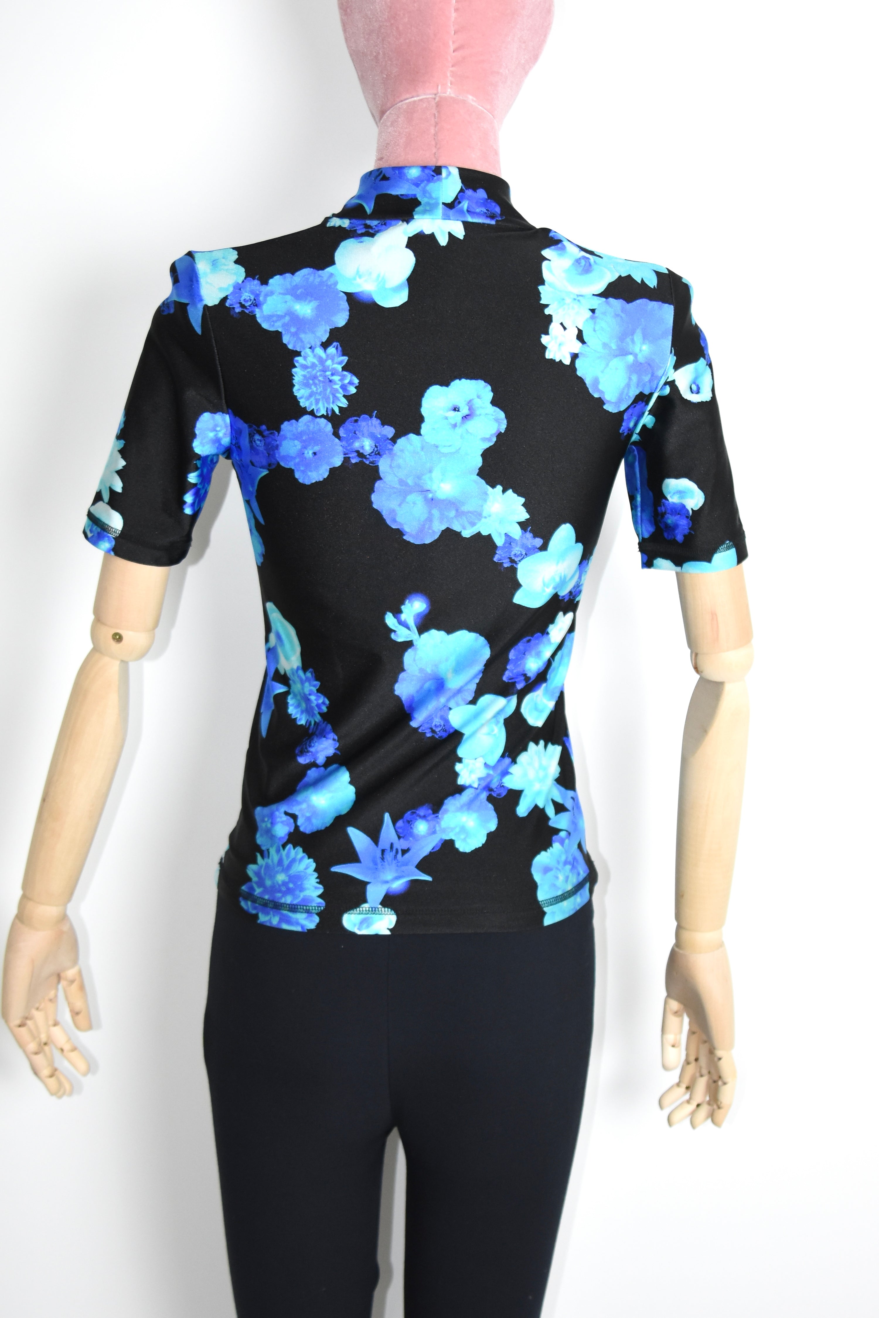 Coperni Blue Floral Stretch Glossy Top – Women’s Size S (Digital Print / Mock Neck / Technical Jersey)