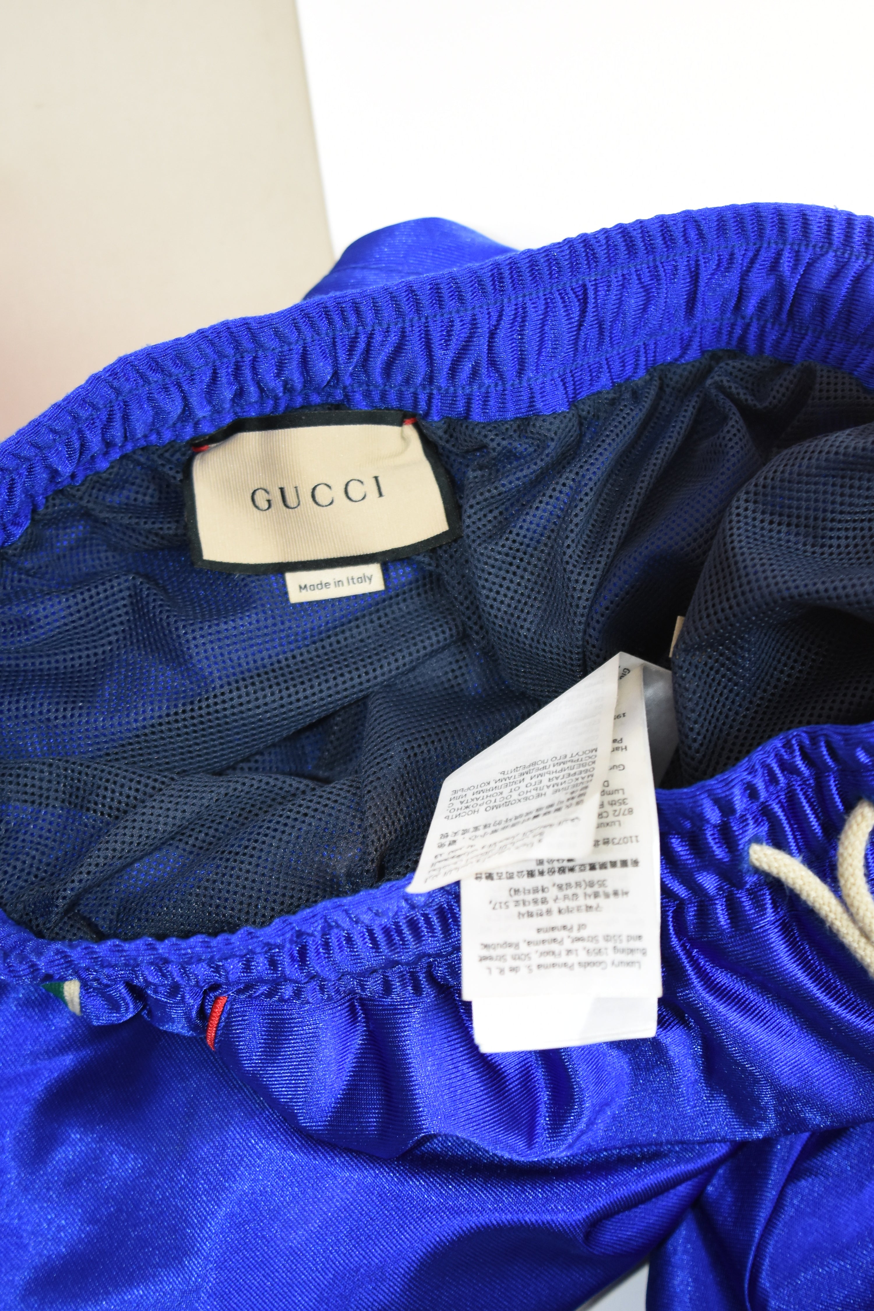 Gucci Blue Satin Track Pants with Web Stripe – Alessandro Michele Era Silk-Look Jogger Trousers