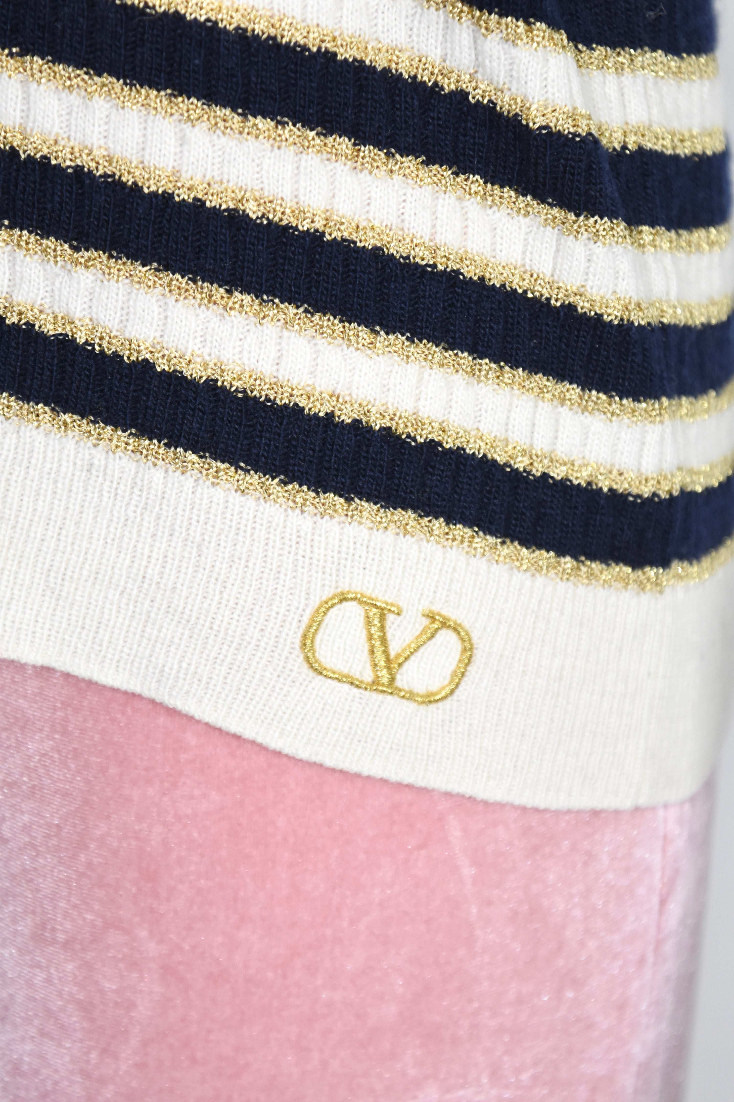 Valentino Navy & Ivory Striped Knit Sweater with Gold Lurex – Made in Italy Signature V Logo
