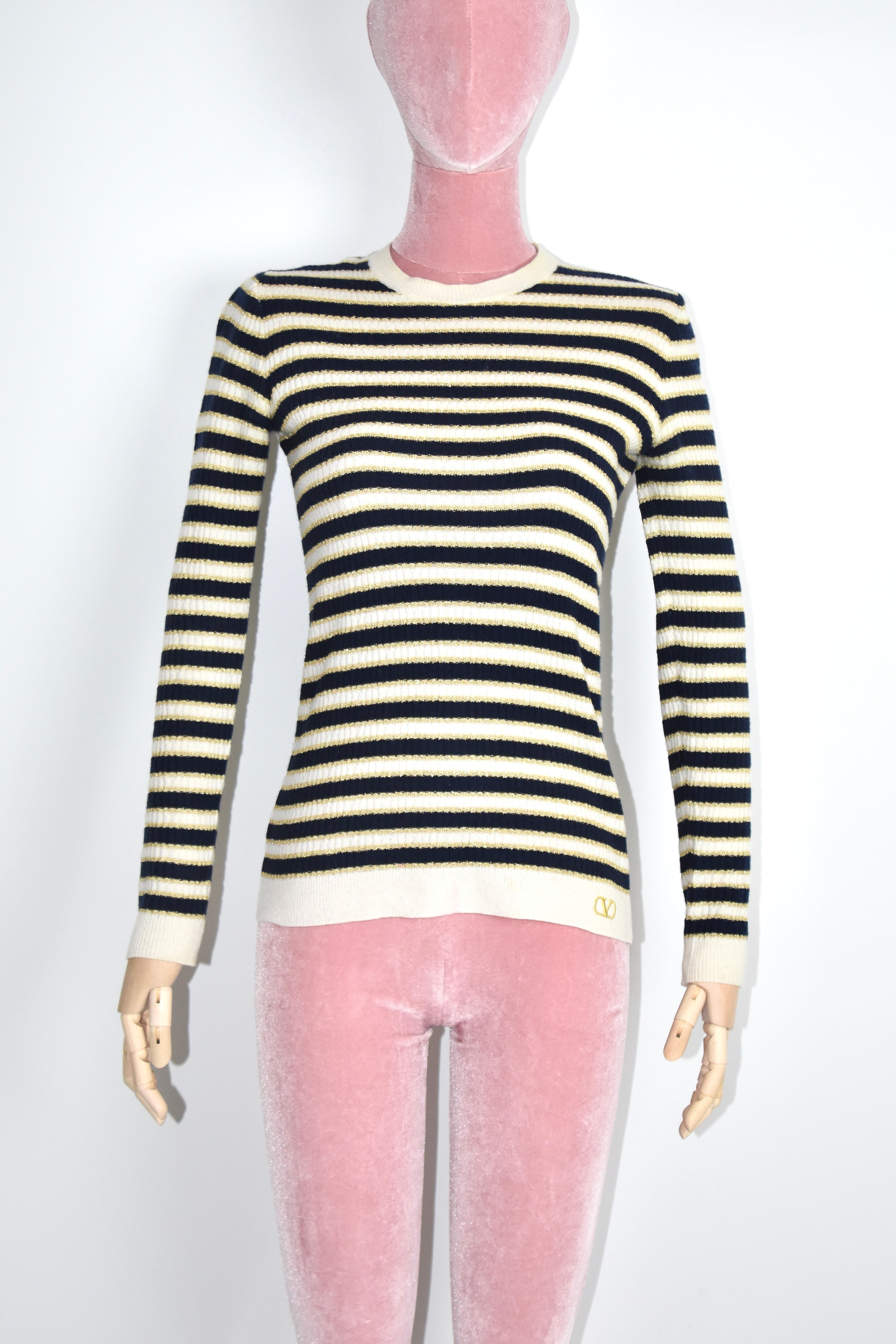 Valentino Navy & Ivory Striped Knit Sweater with Gold Lurex – Made in Italy Signature V Logo