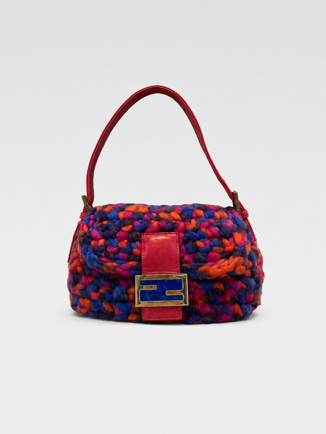 Fendi Vintage Baguette Handwoven Multicolor Knit Bag – Rare Chunky Wool Y2K Shoulder Bag