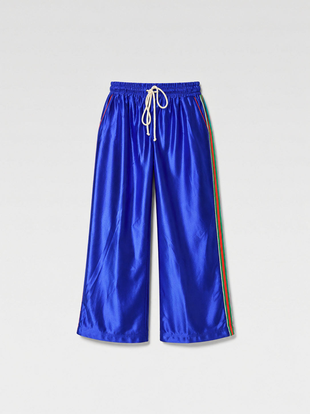 Gucci Blue Satin Track Pants with Web Stripe – Alessandro Michele Era Silk-Look Jogger Trousers