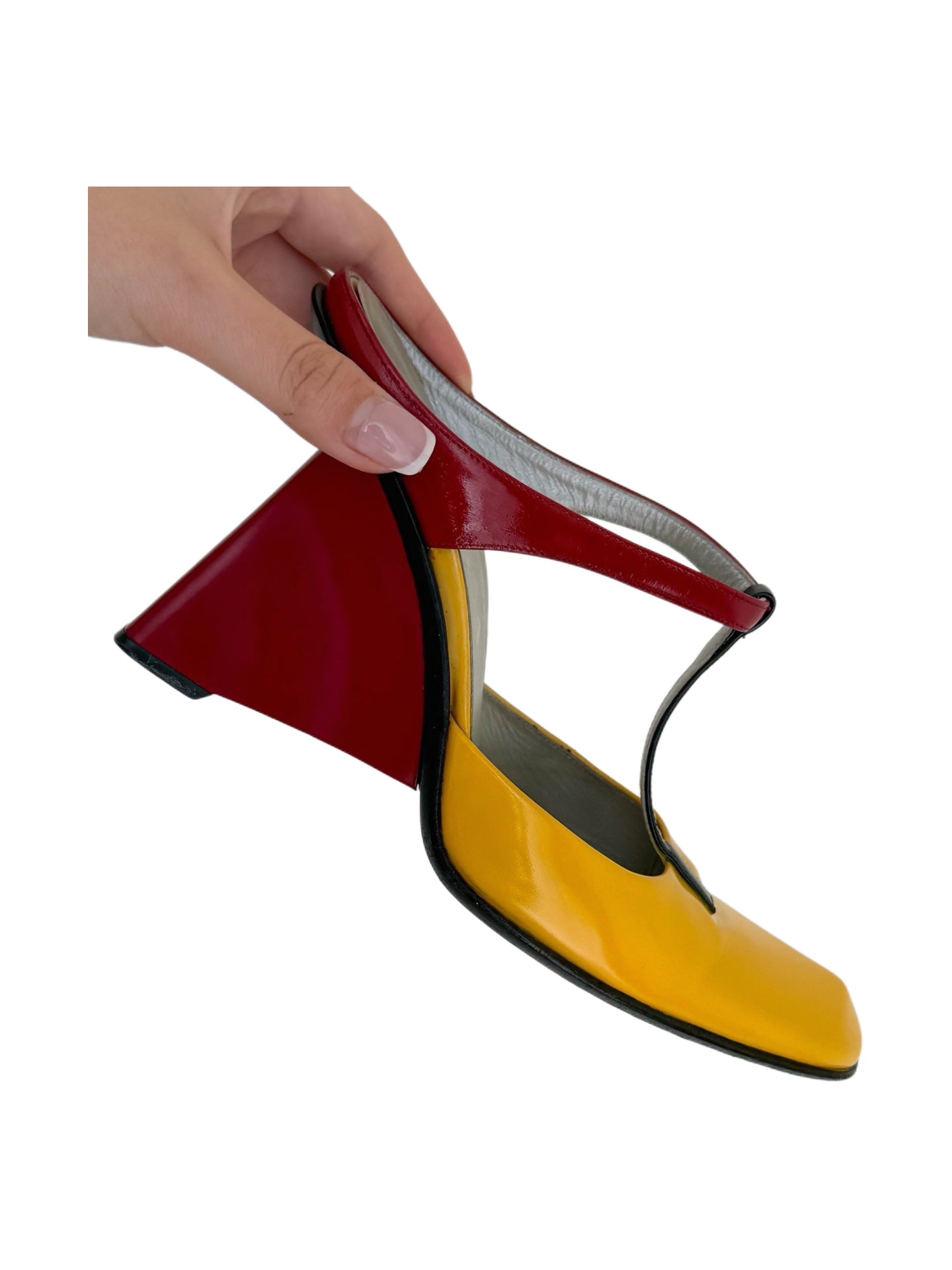 Prada FW1998 Archive Red Yellow Patent Leather Square Toe Sculptural Wedge Mule Heels Rare Runway Size 36.5