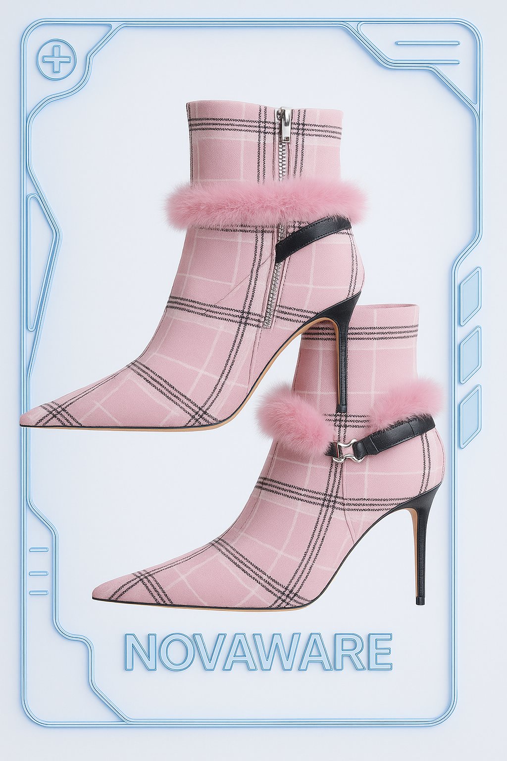 John Galliano Pink Check & Faux Fur Y2K Heeled Boots