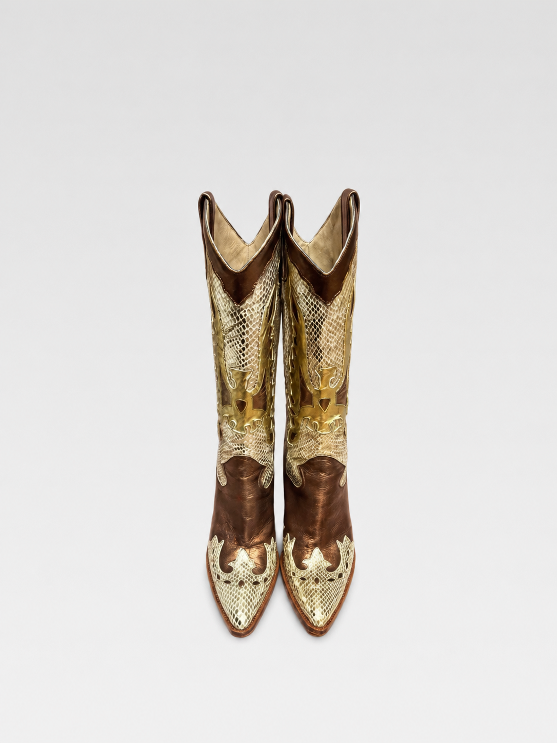 Dolce & Gabbana Vintage Python-Effect Cowboy Boots – Gold & Brown Leather Knee-High Western Heeled Boots (Size 37)