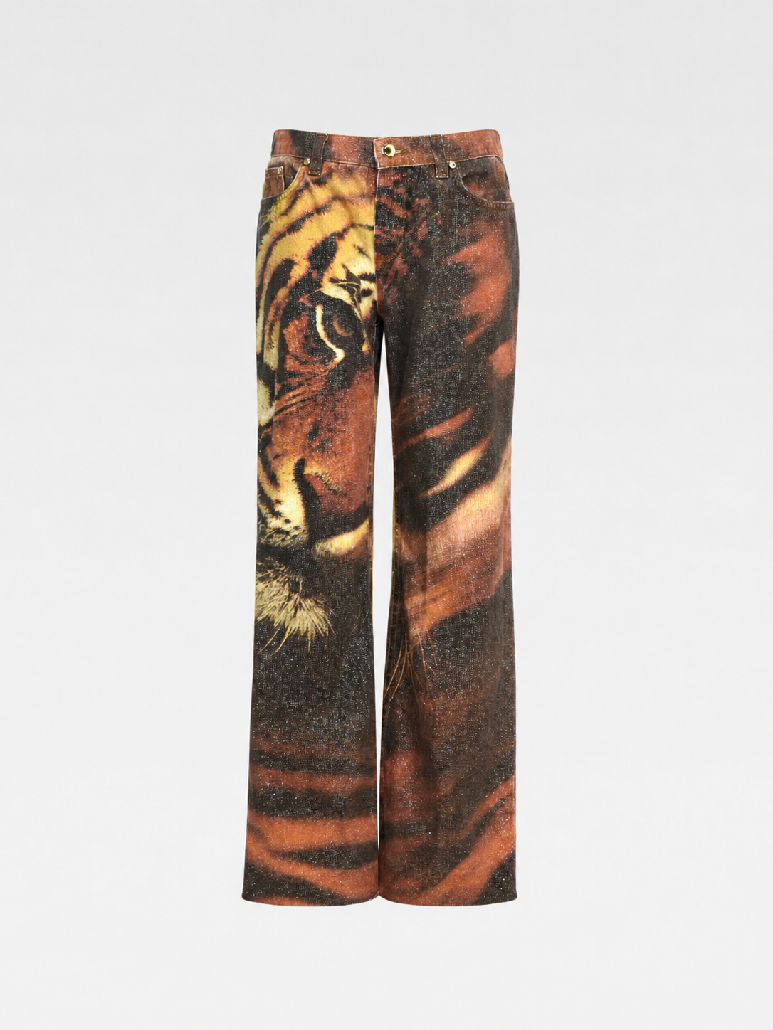 Roberto Cavalli Vintage Glitter Tiger Print Low-Rise Jeans (Rare Y2K Era Statement Denim)