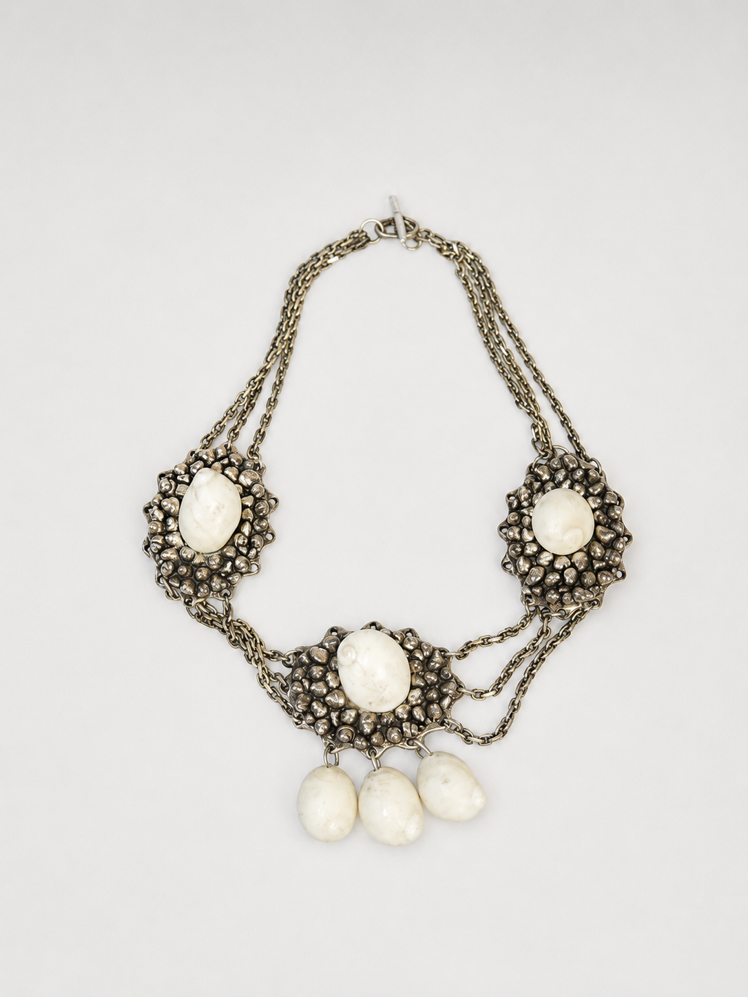 Chantal Thomass Vintage Triple Medallion Shell Necklace with Layered Chains & Dangle Drops (Rare Archive Jewelry)