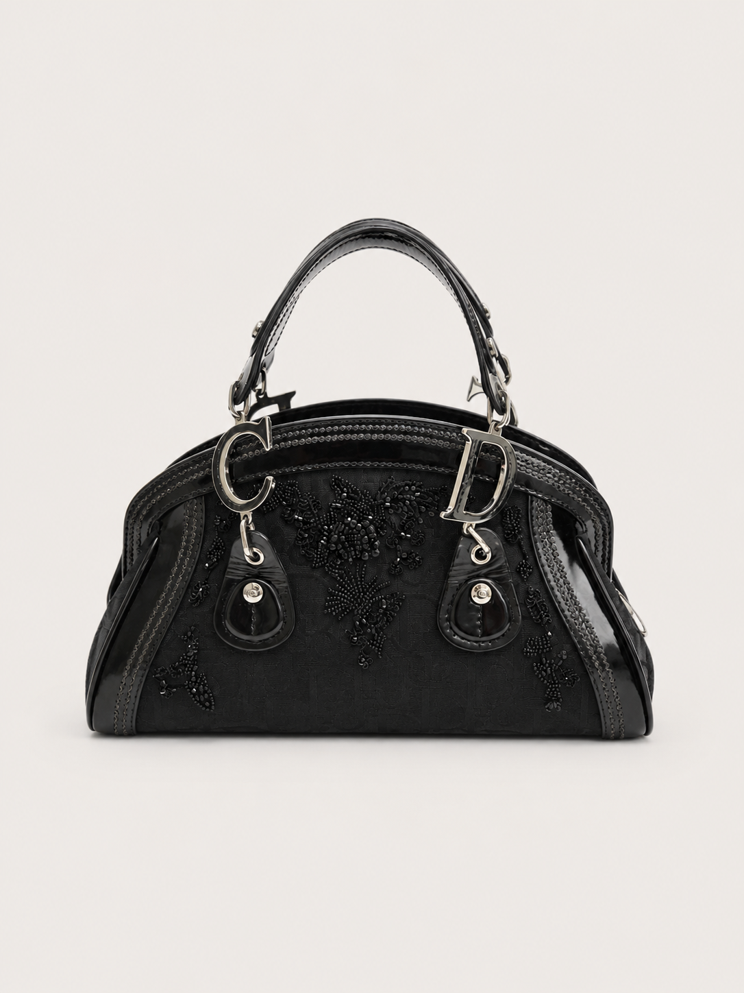 Christian Dior by John Galliano S/S 2005 Embroidered Detective Bag – Limited Edition Black Monogram Patent Handle Archive