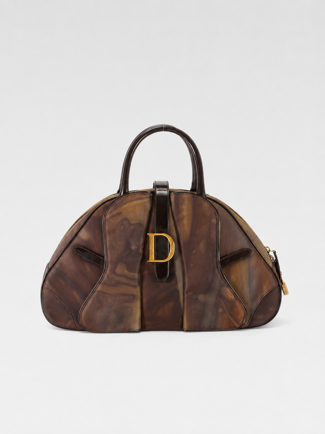 Christian Dior by John Galliano “Detective Bag” Limited Edition – Brown Marble Leather Large D Logo Handbag with Lock & Key