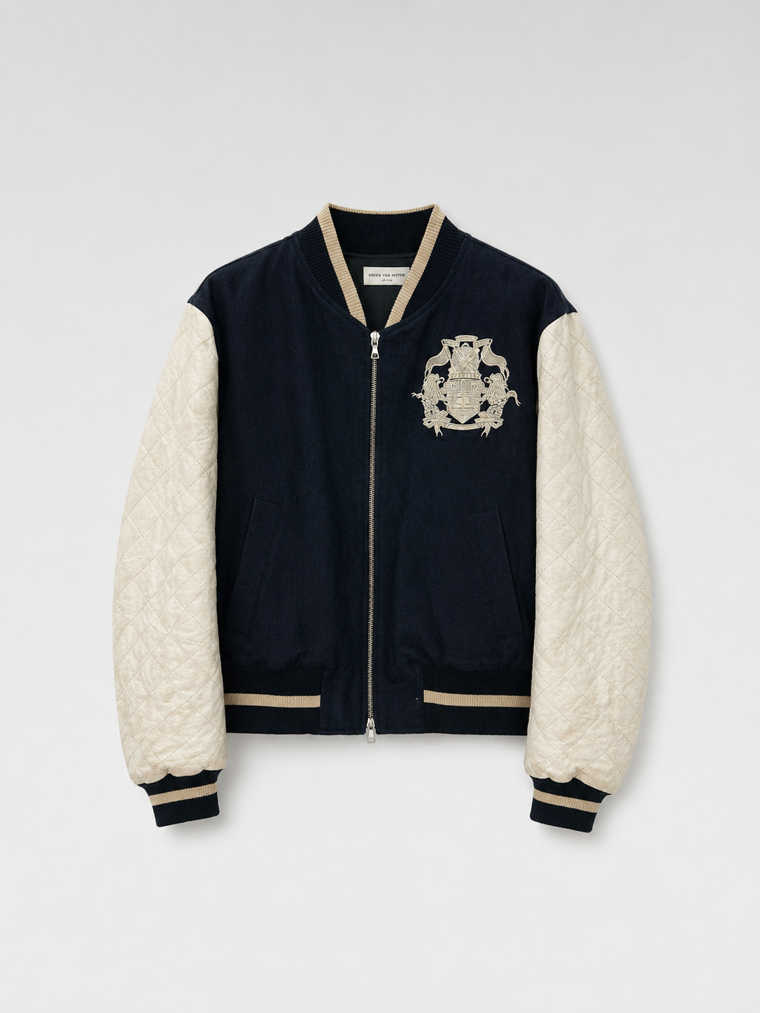 Dries Van Noten Embroidered Crest Varsity Jacket Wool Body Leather Sleeves Rare Archive Piece