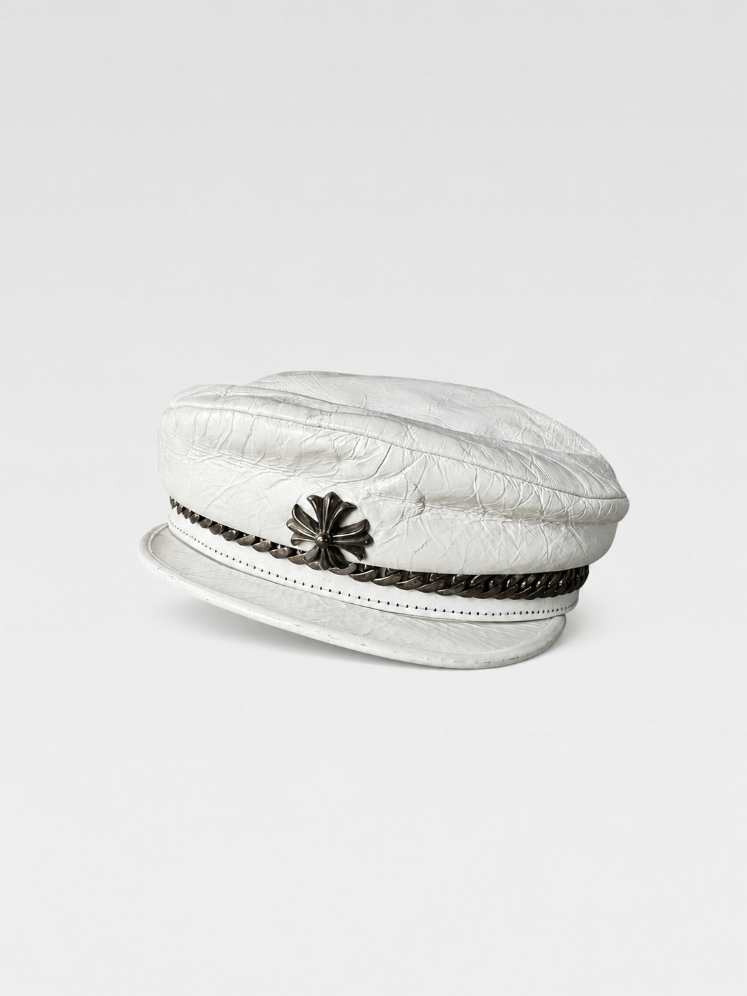 Chrome Hearts × Bella Hadid White Waxed Leather Baker Boy Cap – Cross Motif Silver Chain Limited Piece