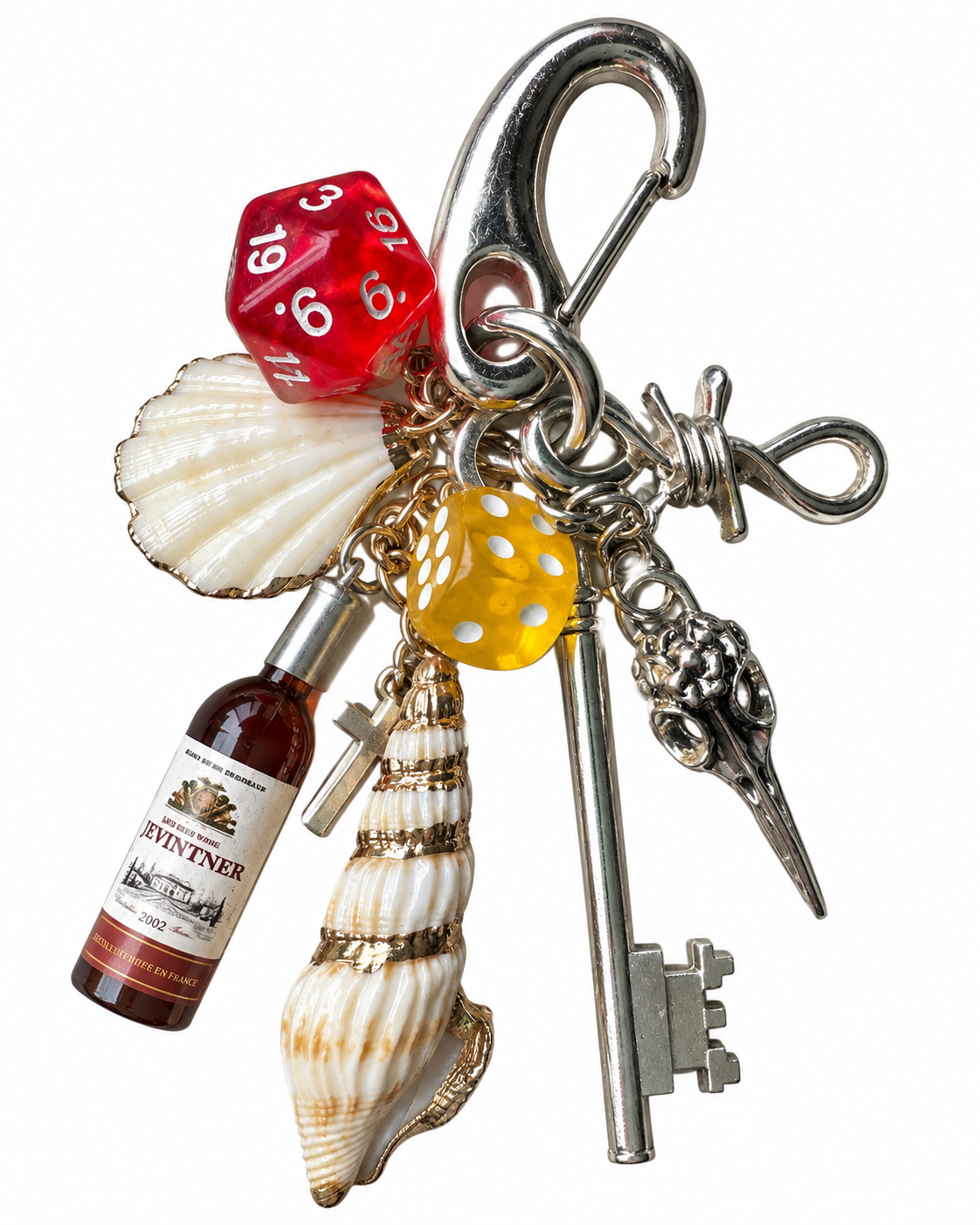 Silver Korean-Style Top Handle & Crossbody Bag with Handmade Seashell & Conch Wine Bottle Keychain Charm Set