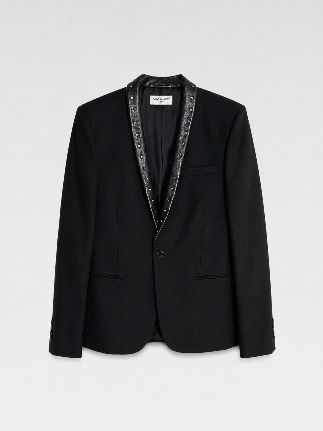 Saint Laurent FW13 Hedi Slimane Studded Blazer Lambskin Lapel Silk Lined Runway Jacket Size 46