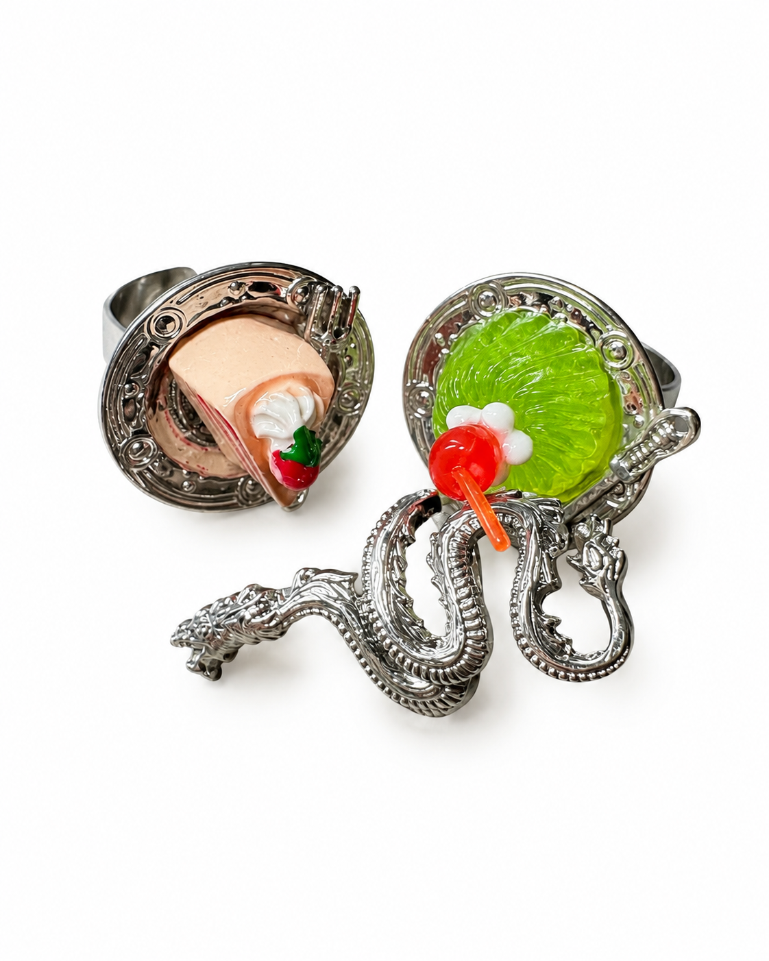 Creative Cake & Dragon Ring Set – 3-Piece Silver-Tone Statement Rings