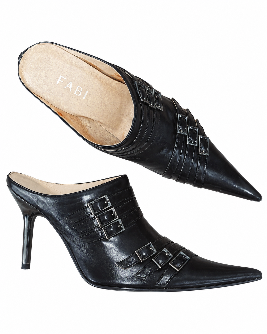 Vintage Italian Black Leather Buckle Pointed-Toe Mule Heels