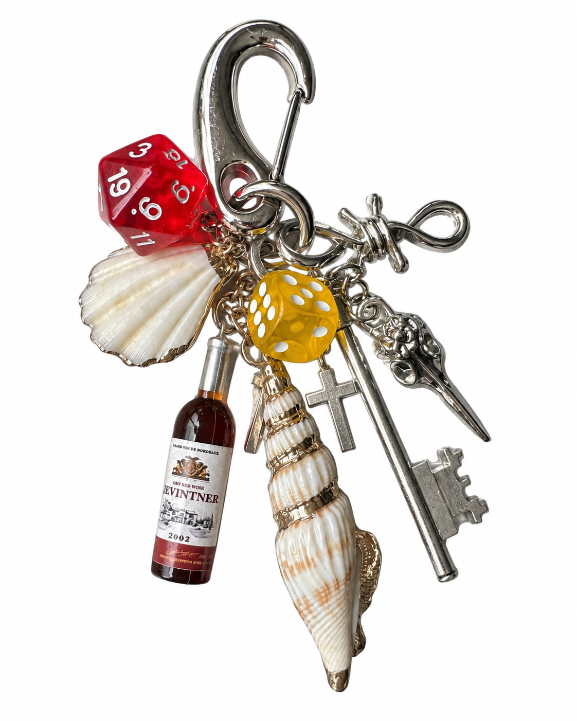Silver Korean-Style Top Handle & Crossbody Bag with Handmade Seashell & Conch Wine Bottle Keychain Charm Set