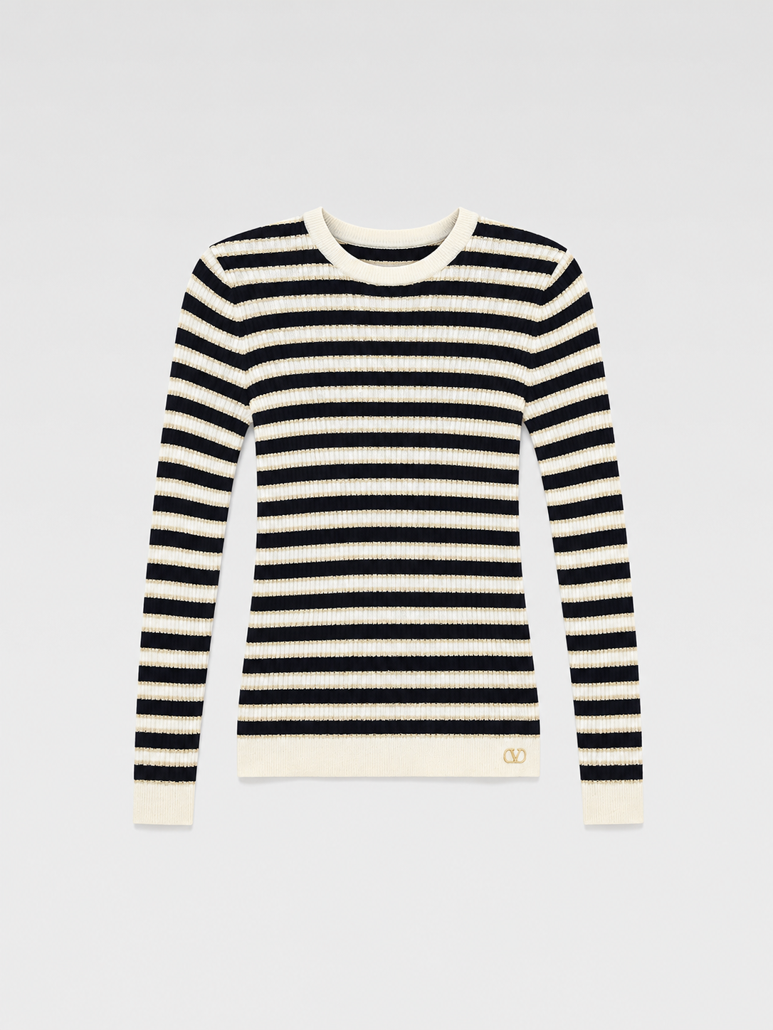 Valentino Navy & Ivory Striped Knit Sweater with Gold Lurex – Made in Italy Signature V Logo