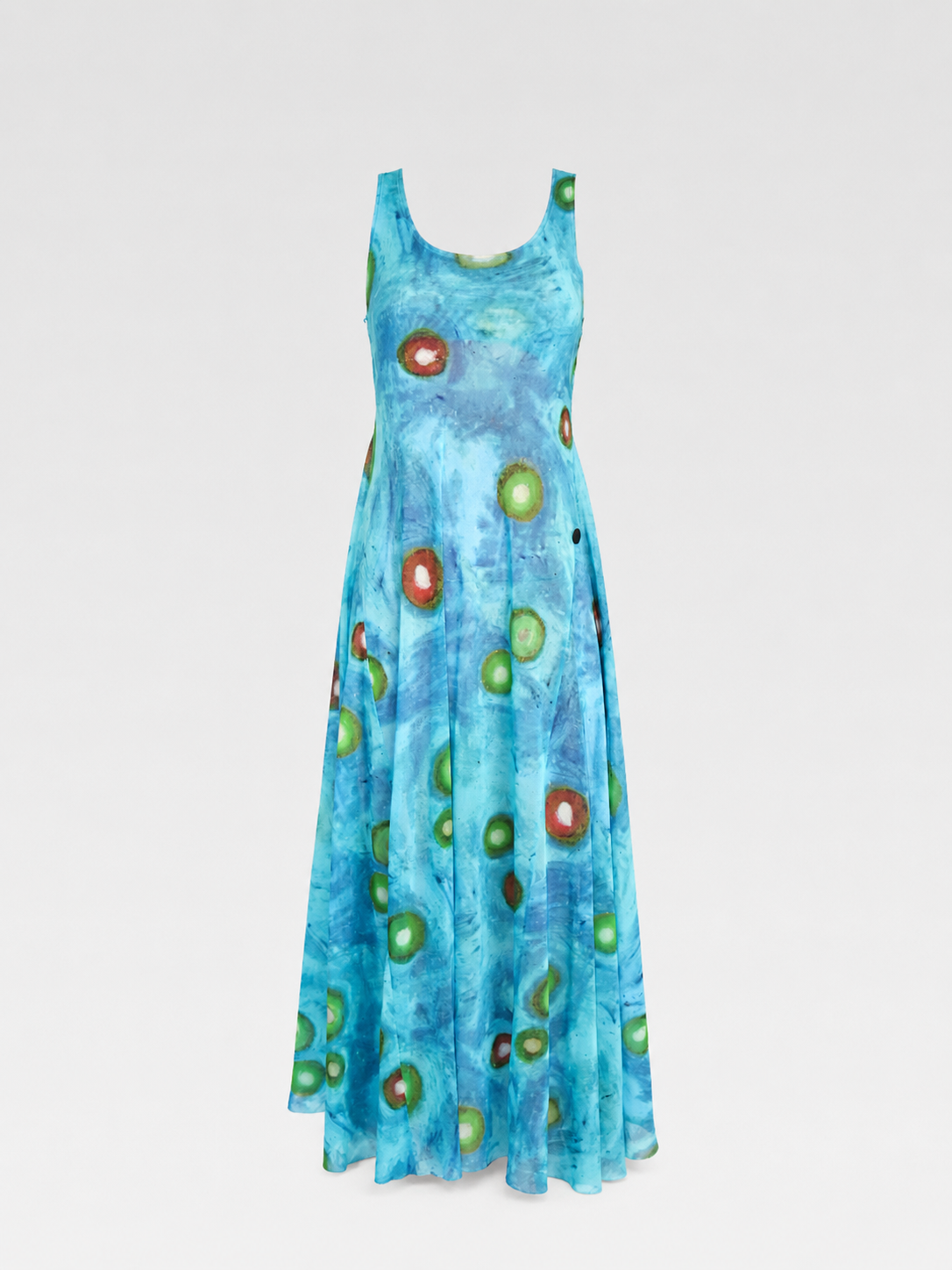 ISSEY MIYAKE Vintage Stretch Mesh Printed Tank Maxi Dress – Water Abstract Motif (Fits Women S–M)