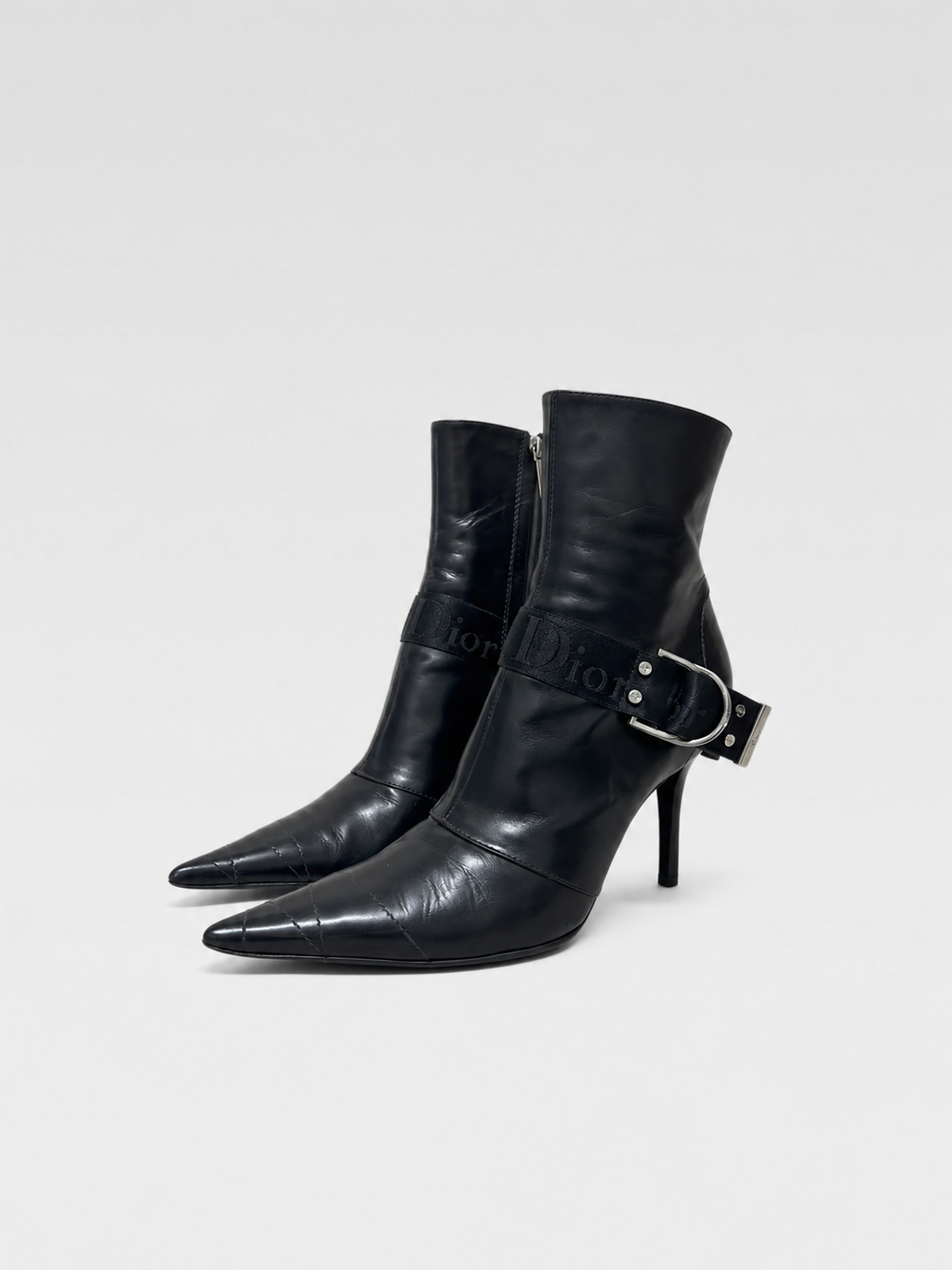Christian Dior by John Galliano Black Pointed Toe Buckle Ankle Boots – Runway Campaign Punk Strap Stiletto Boots (Size 38.5)