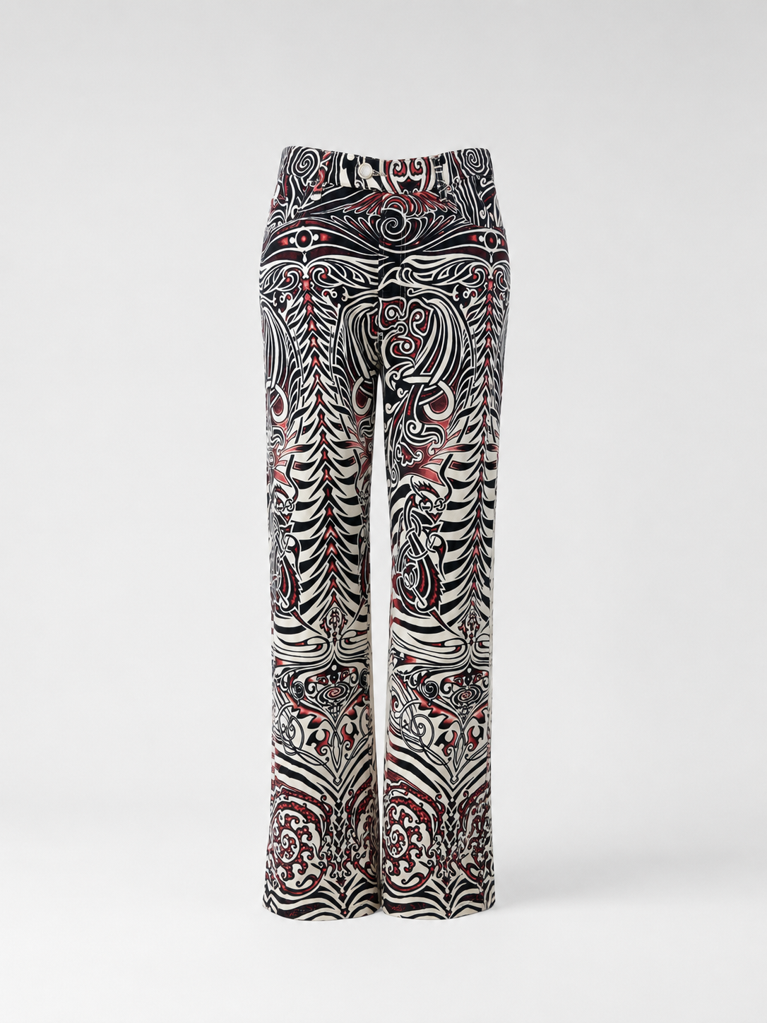 Jean Paul Gaultier Jeans Tribal Print Flared Trousers (Gothic Tattoo Swirl in Black–Red–Ivory)