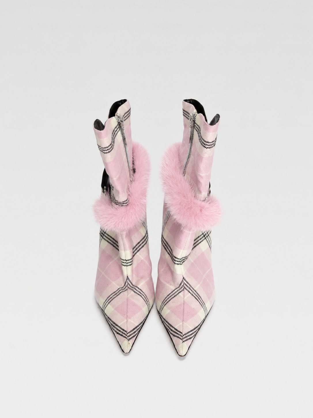 John Galliano Pink Check & Faux Fur Y2K Heeled Boots
