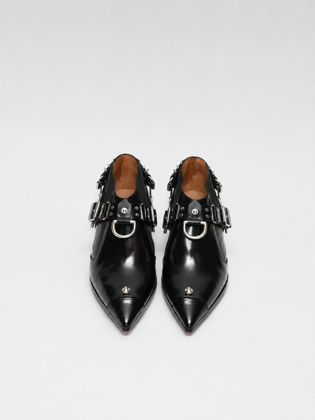13 09 SR Black Punk Harness Leather Shoes – Metal Hardware Strap Pointed Toe Derby