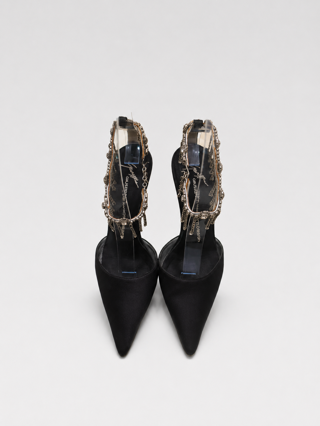 Giuseppe Zanotti Black Satin Crystal Fringe Chain Pointed Heels Statement Evening Pumps