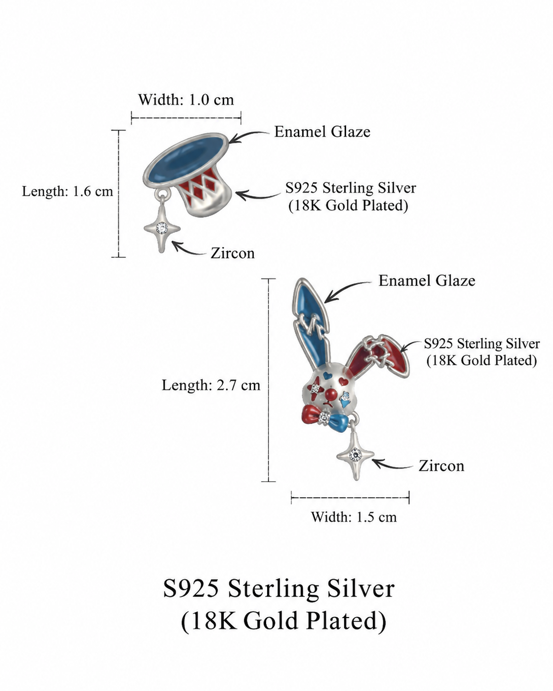 Mrois Original Design “Mad Hatter” Enamel Rabbit Earrings – Red & Blue Contrast Zircon S925 Silver Stud / Clip-On