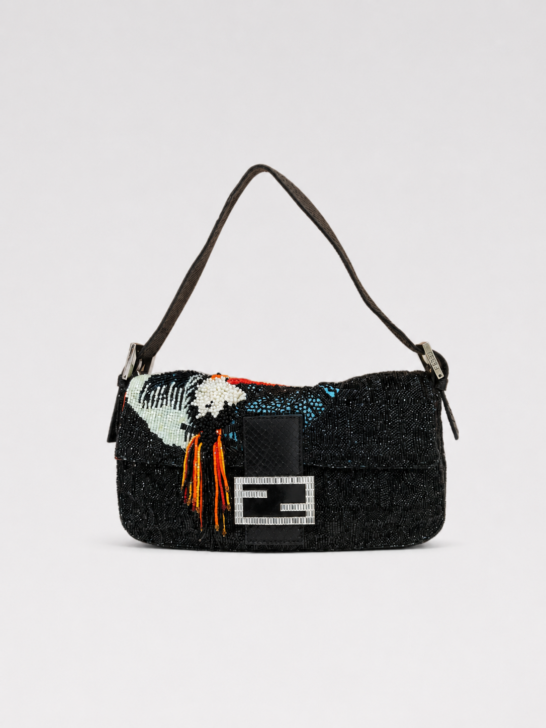 Fendi Black Beaded Sequin Baguette Bag – FF Logo Embossed with Bird Motif & Orange Satin Lining Ultra Rare Limited Edition