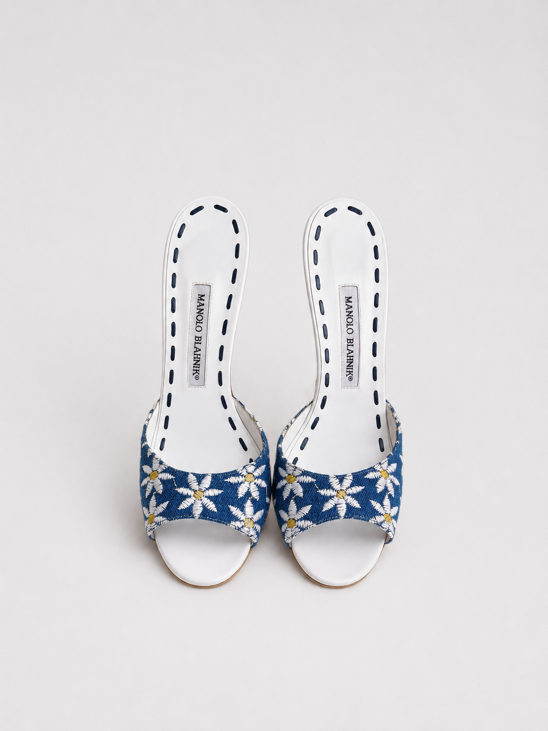 Manolo Blahnik Denim Daisy Mule Heels Vintage Embroidered Floral Sandals Blue Designer Shoes