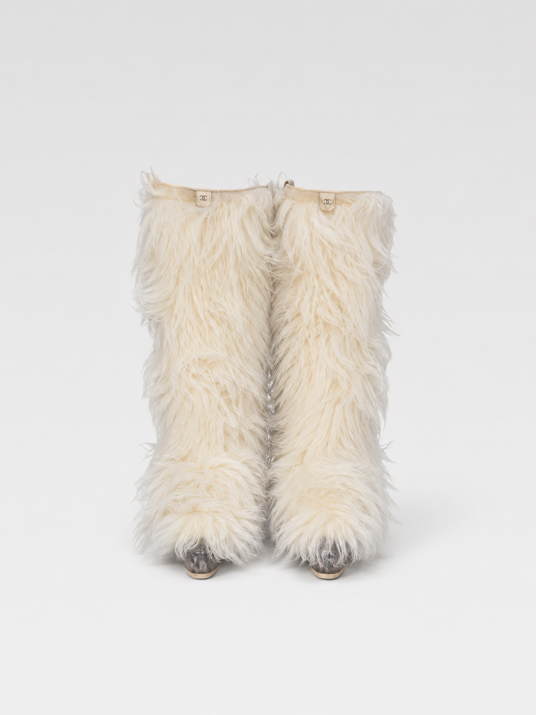 CHANEL White Fur Knee-High Boots Runway Edition Shearling High Boots Rare Statement Piece