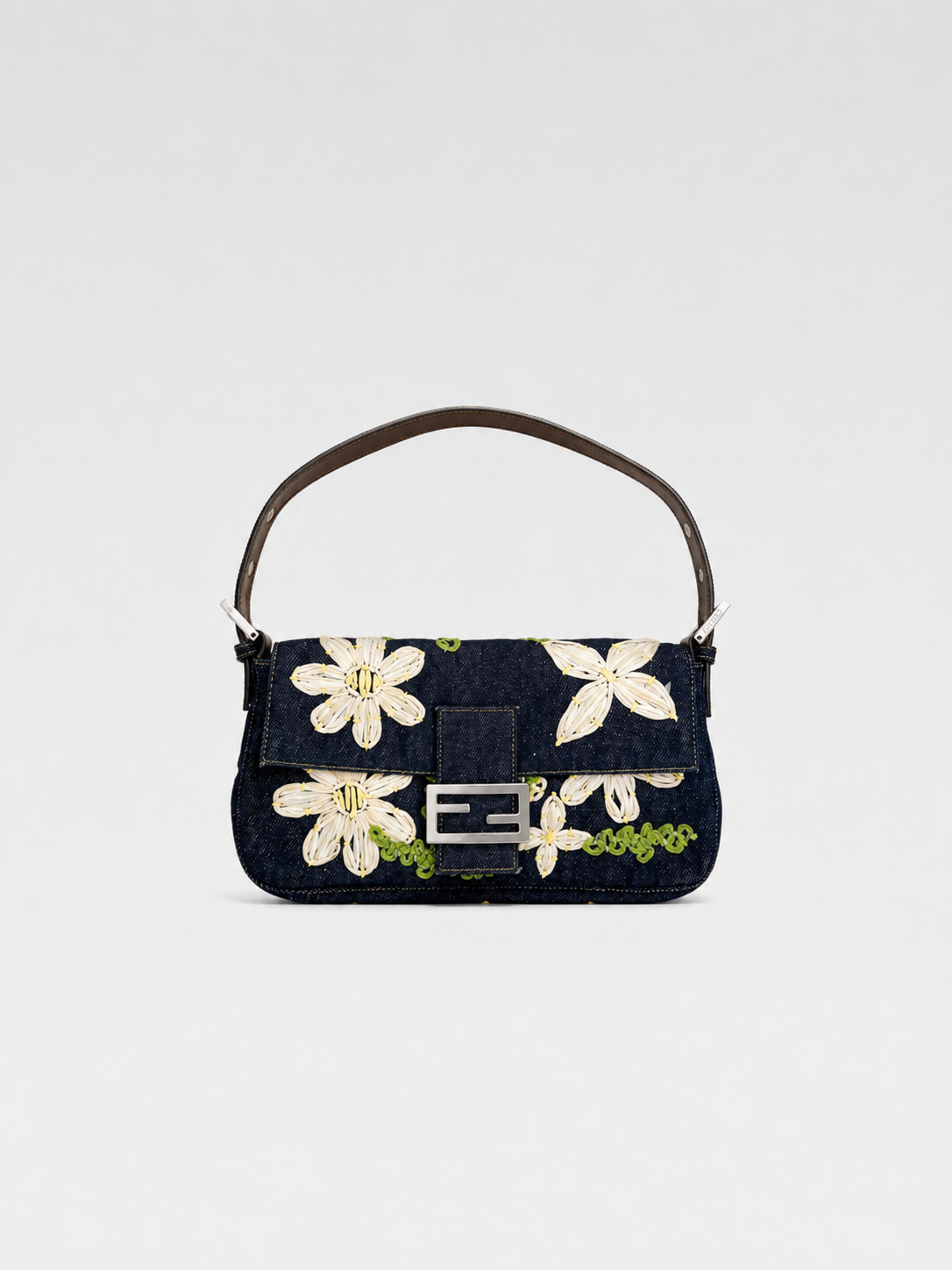 Fendi Floral Embroidered Denim Baguette Bag Rare Archive Handcrafted Appliqué Shoulder Bag