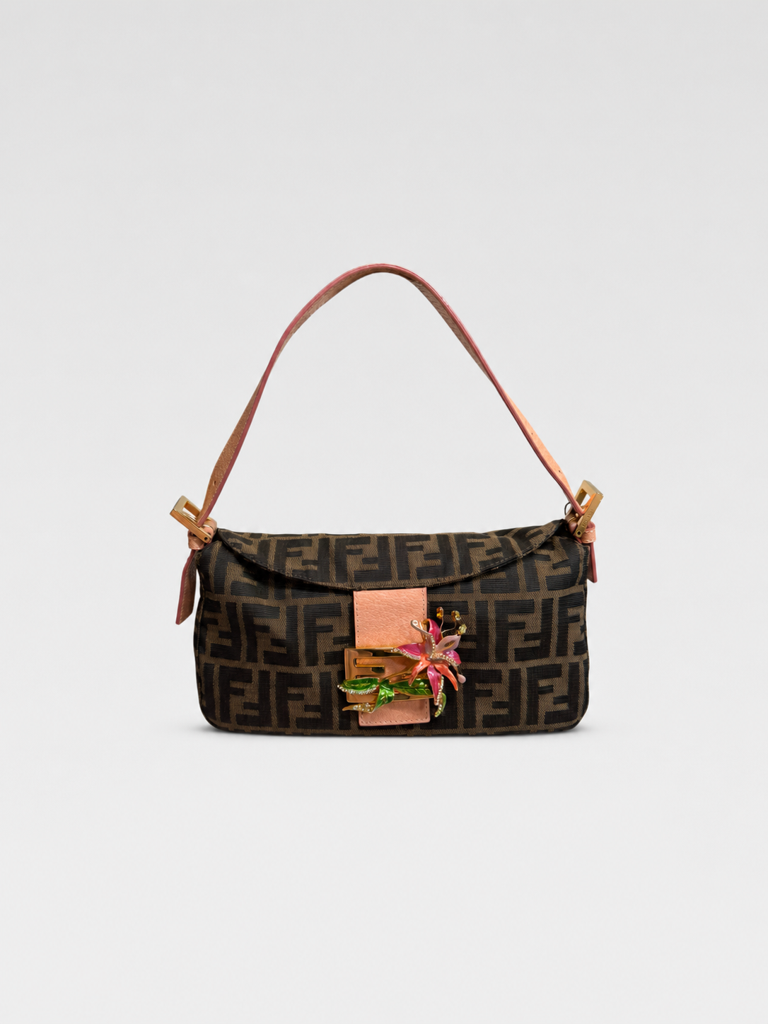 Fendi Vintage Zucca Baguette Bag 3D Floral Metal Clasp Rare Embellished FF Logo Shoulder Bag Y2K Archive Piece