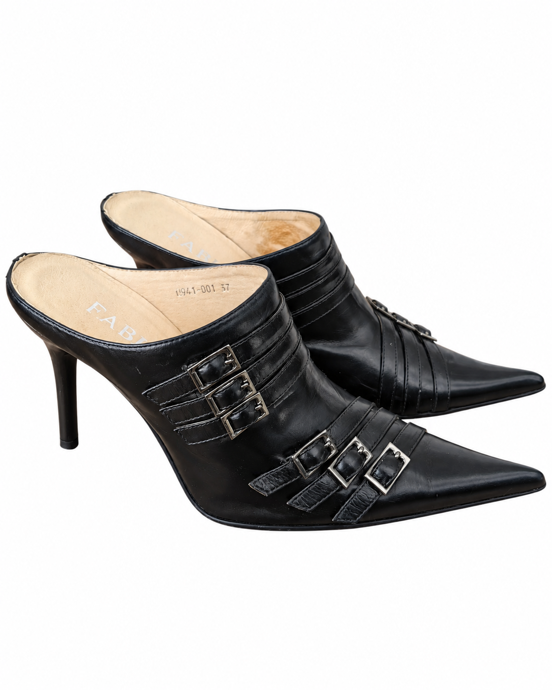 Vintage Italian Black Leather Buckle Pointed-Toe Mule Heels