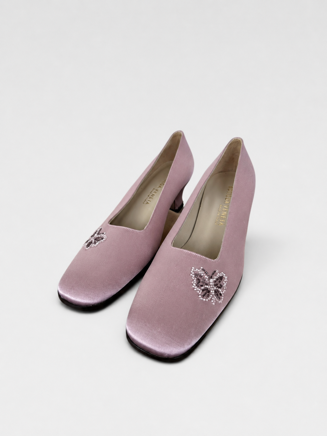 Bottega Veneta Pink Satin Crystal Butterfly Pumps Kitten Heel Vintage Rare Shoes IT 37
