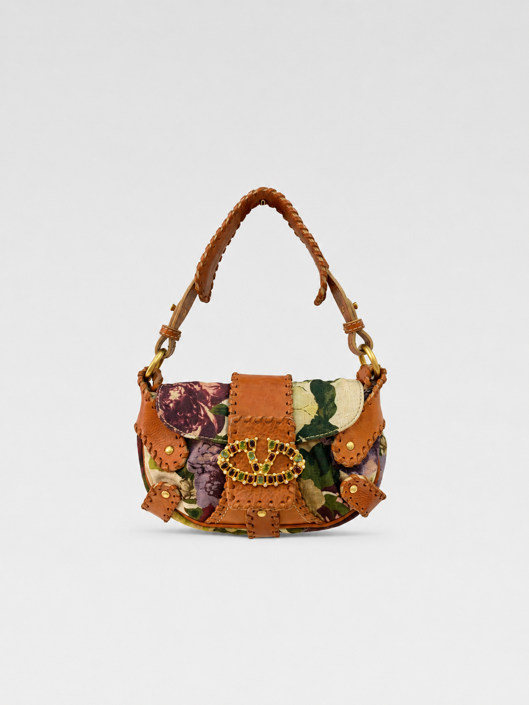 Valentino Runway Floral Print Leather & Canvas Patchwork Bag – Gem-Embellished V Logo Archive Shoulder Bag