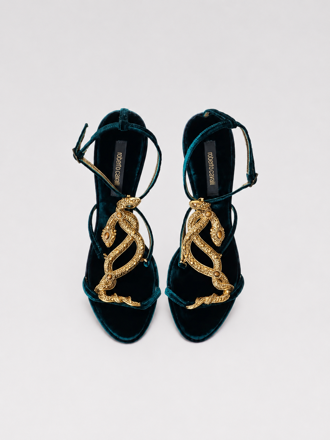 Roberto Cavalli Emerald Velvet Double Snake Embellished Heels – Sculptural Serpent Strap Sandals