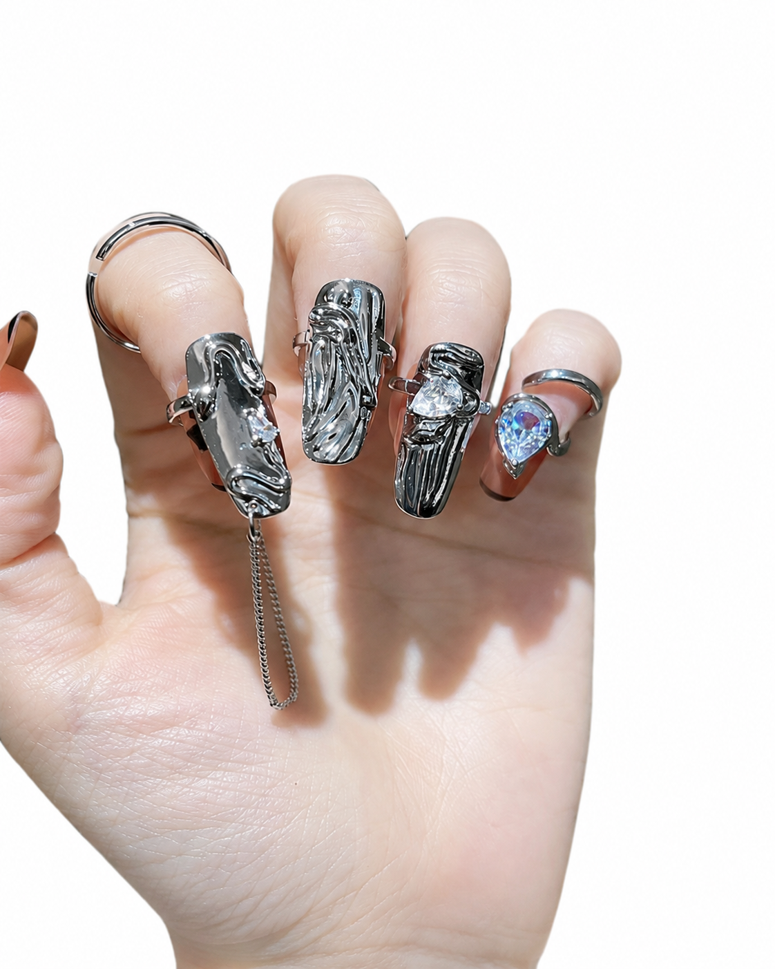 3D Sculptural Metal Nail Rings Set – Four-Piece Adjustable Chain Nail Ring Set | Unisex