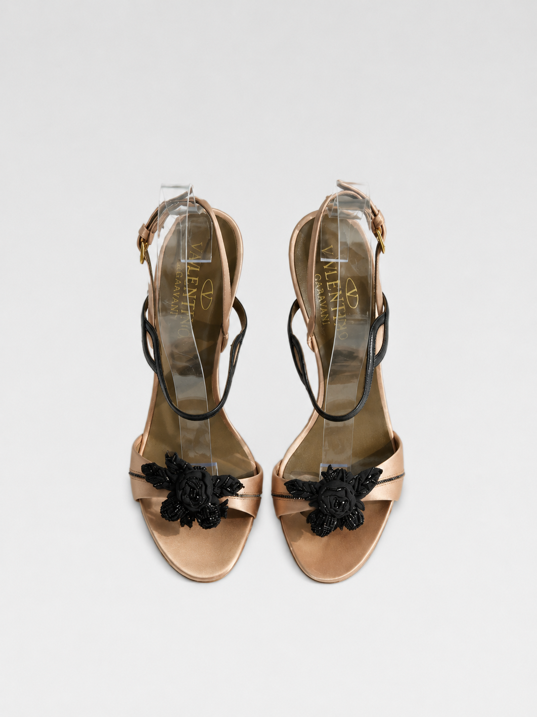 Valentino Garavani Satin Black Beaded Floral Heeled Sandals – Vintage Couture Rose Detail Heels (Size 37)