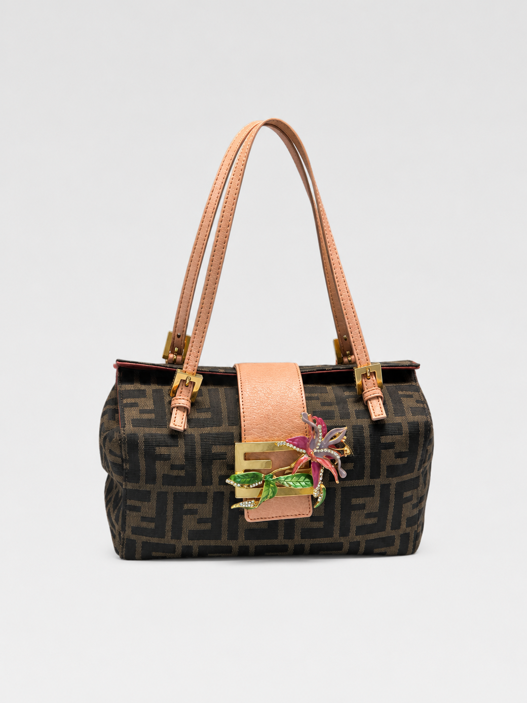 Fendi Vintage Zucca FF Enamel Floral Embellished Box Shoulder Bag