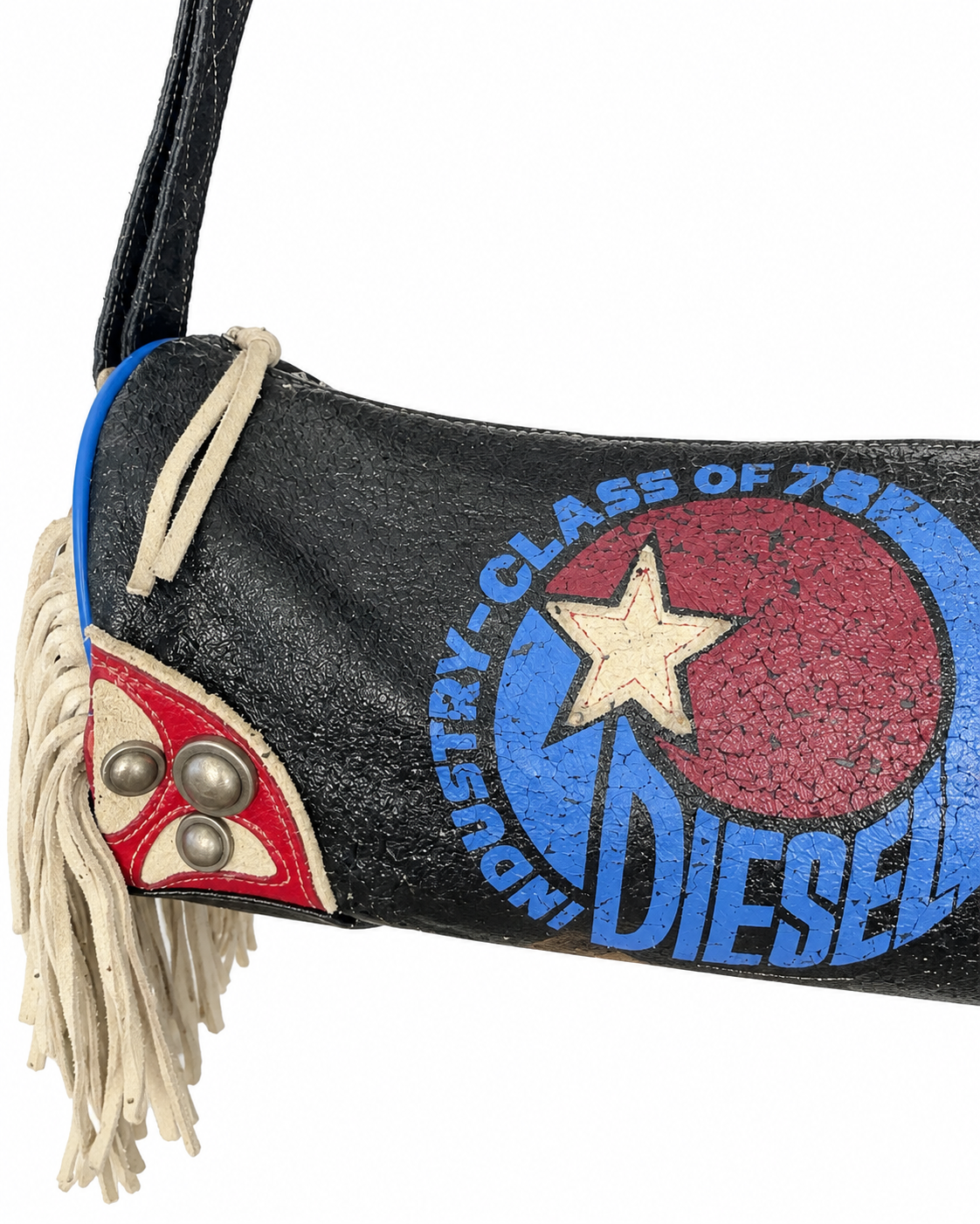 Diesel Vintage Y2K “Spare Parts” Fringe Shoulder Bag – Rare Black Graphic Leather Crossbody Bag